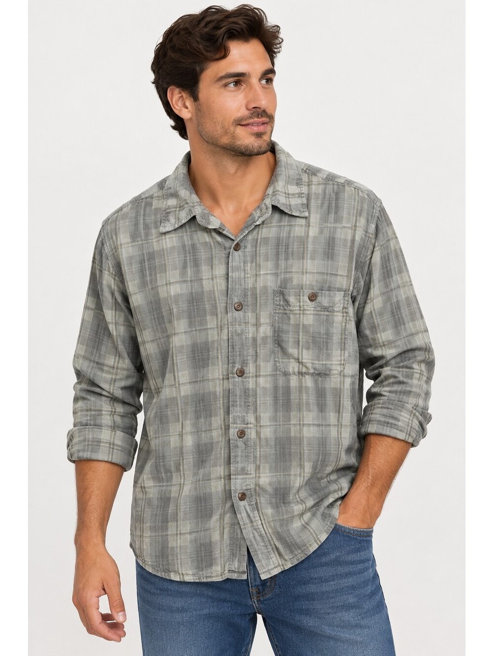 Vintage Tommy Bahama Men's Medium Silk Plaid Button-Up Shirt Gray
